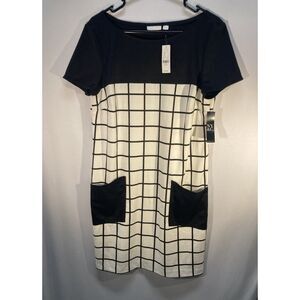 New York & Company NWT Women's Colorblock Grid Shift Dress Black White Size L